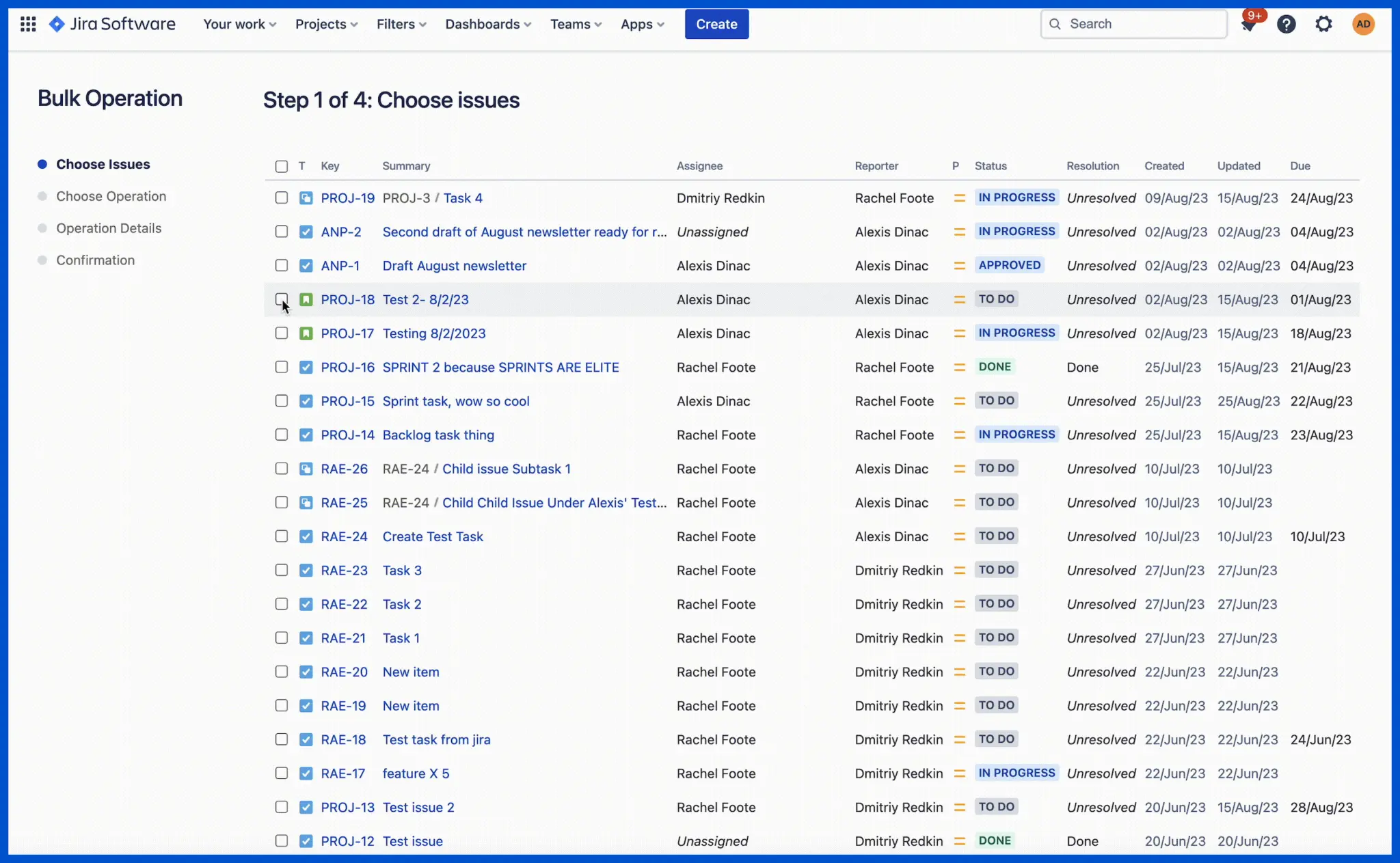 selecting jira issues