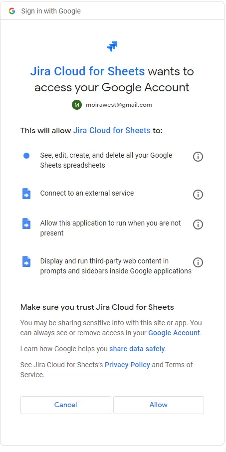 jira cloud for sheets access prompt