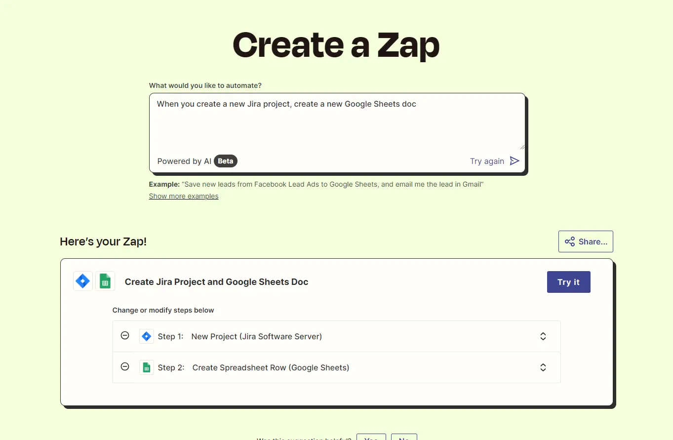 zapier's jira start screen