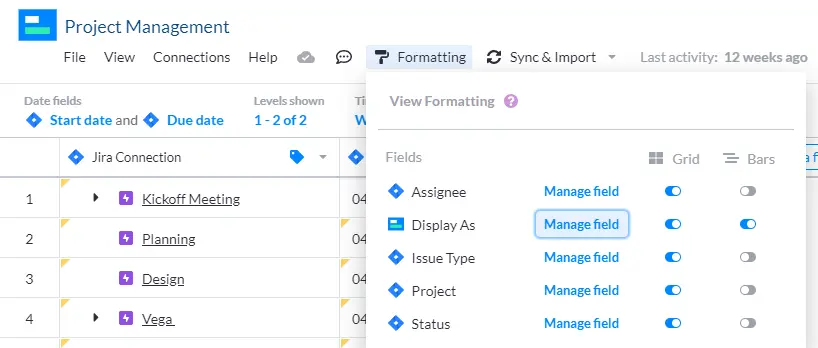 Screenshot of top of screen menu with Formatting selected. The View Formatting dropdown menu is visible, showing Fields, the option to Manage the field, as well as toggles to apply formatting to the Gantt chart Grid and the Bars.