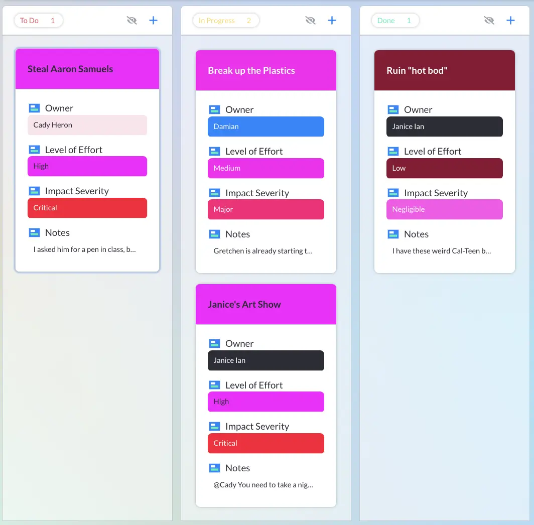 A kanban board showing "tasks" from the movie Mean Girls as cards