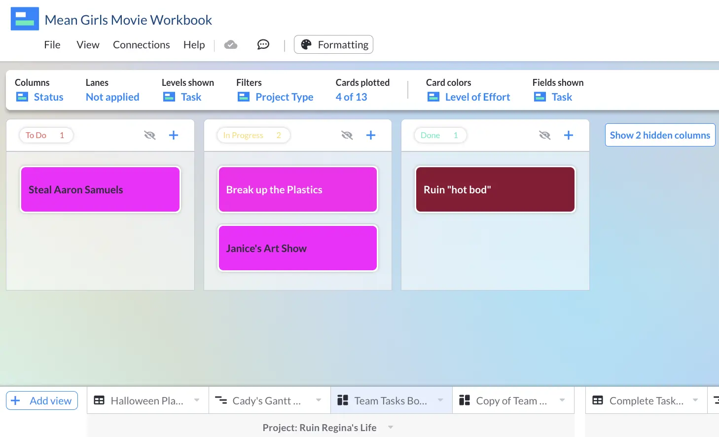 A kanban board showing "tasks" from the movie Mean Girls as cards