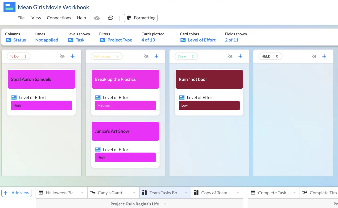 A kanban board showing "tasks" from the movie Mean Girls as cards