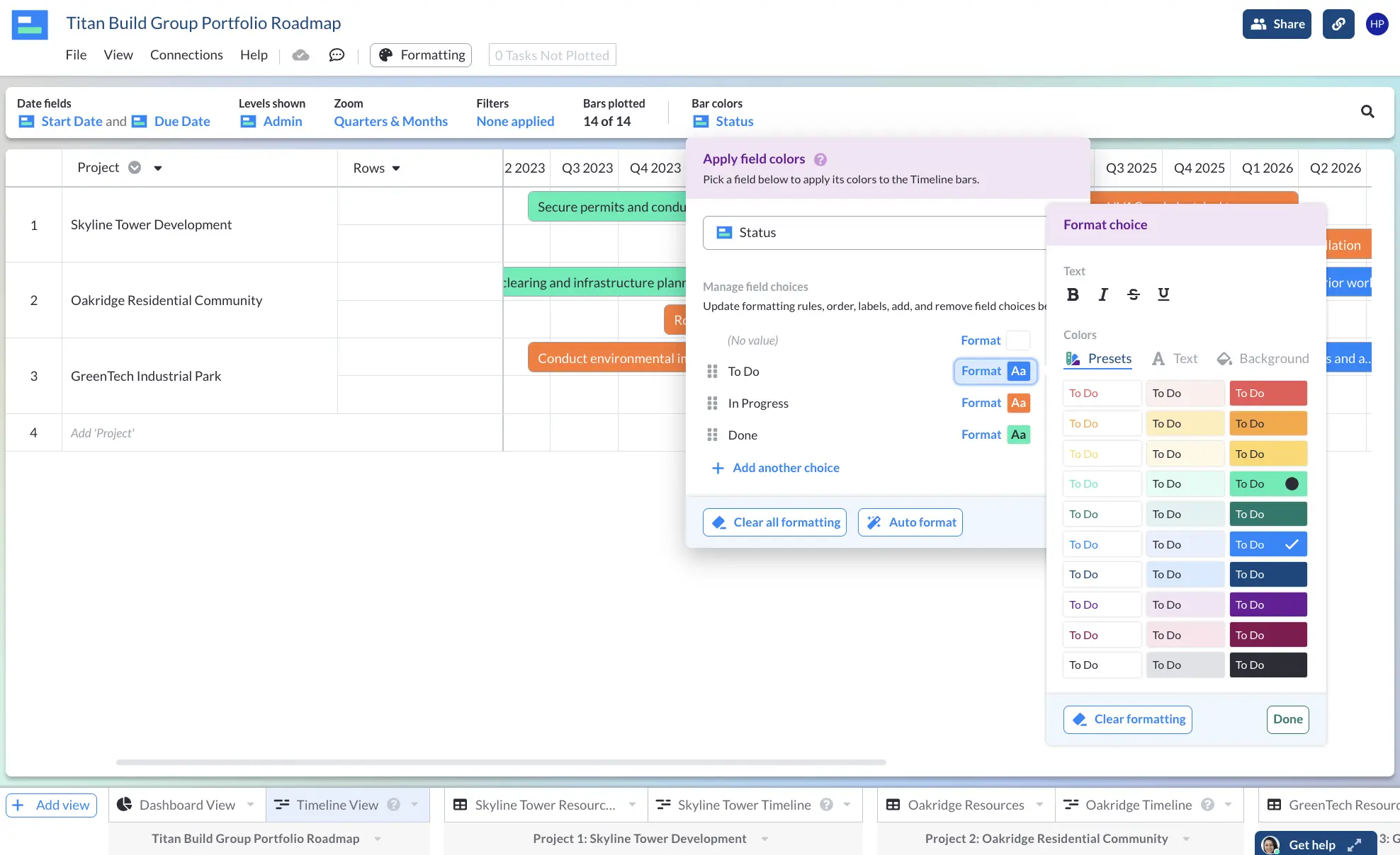 formatting colors in a portfolio roadmap