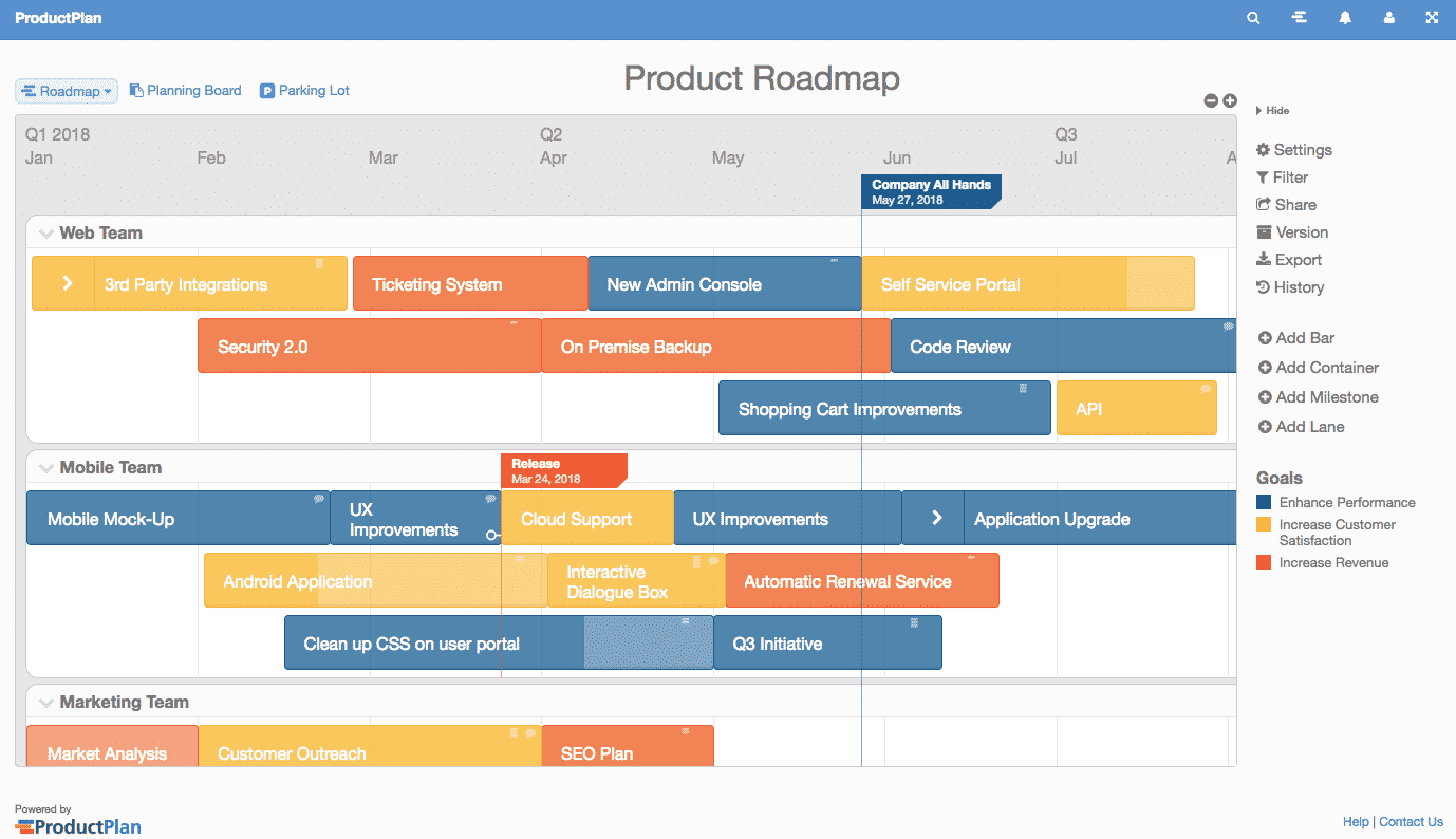 A product roadmap in ProductPlan