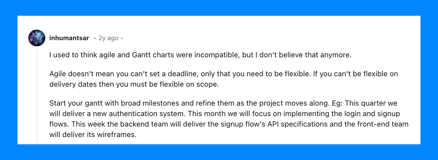 reddit comment saying agile gantt can work with agile