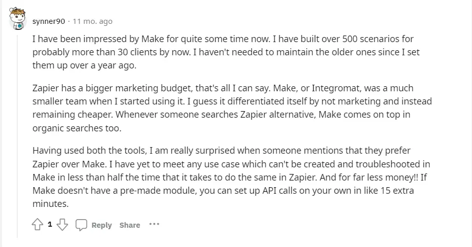 A reddit post comparing Make to Zapier, from a user who says they have used both.