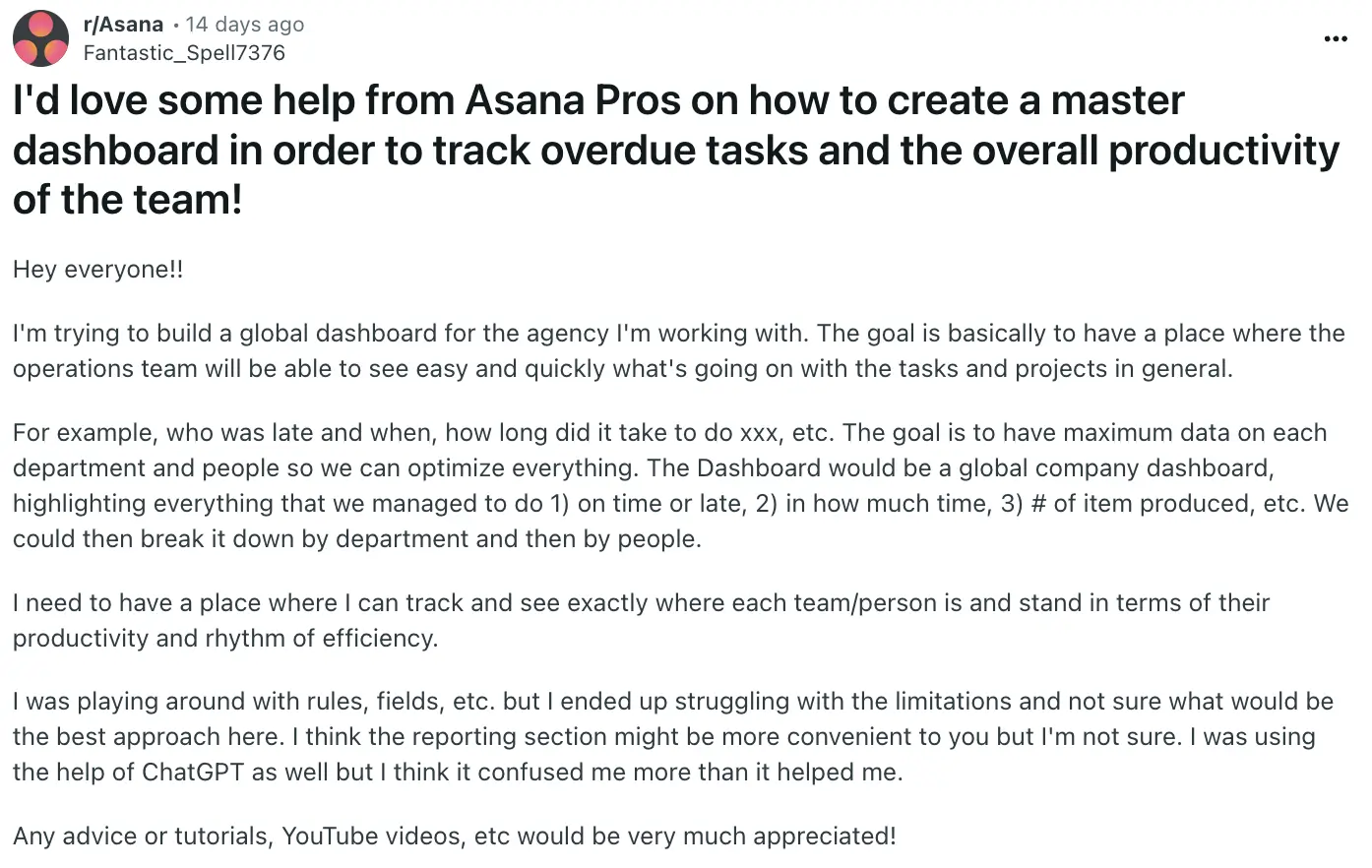 Reddit question on creating better Asana dashboards