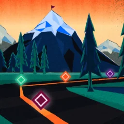 Graphic of a road next to a mountain, with linked milestone icons, representing the concept of roadmap milestones.