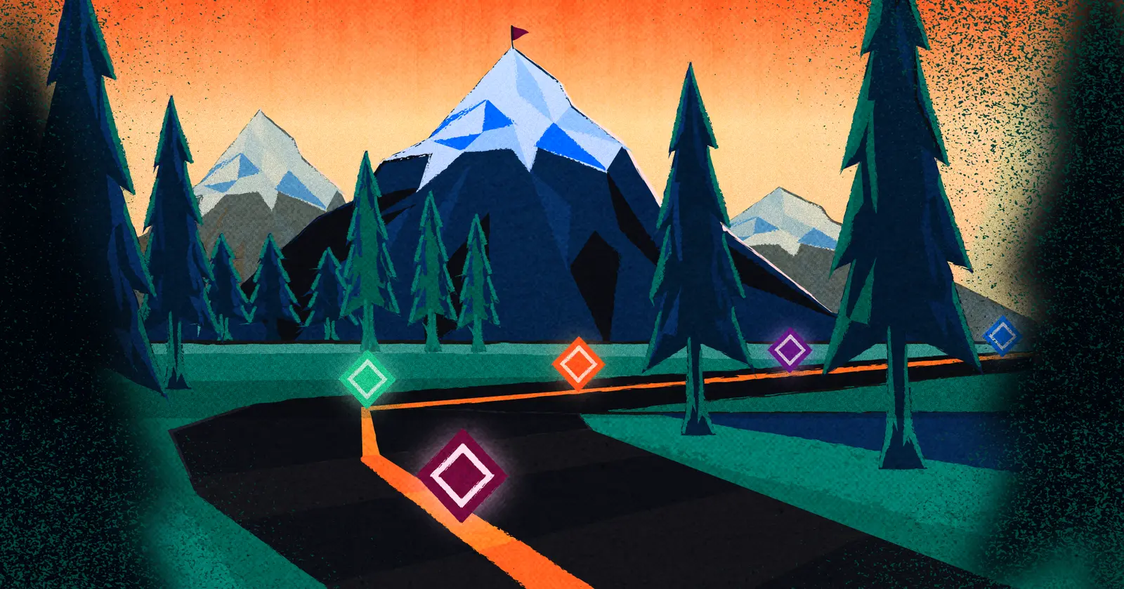 Graphic of a road next to a mountain, with linked milestone icons, representing the concept of roadmap milestones.