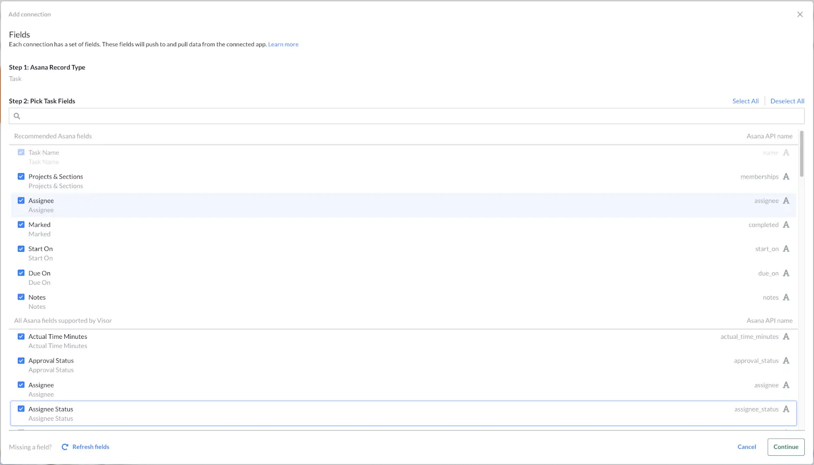 selecting asana fields for import