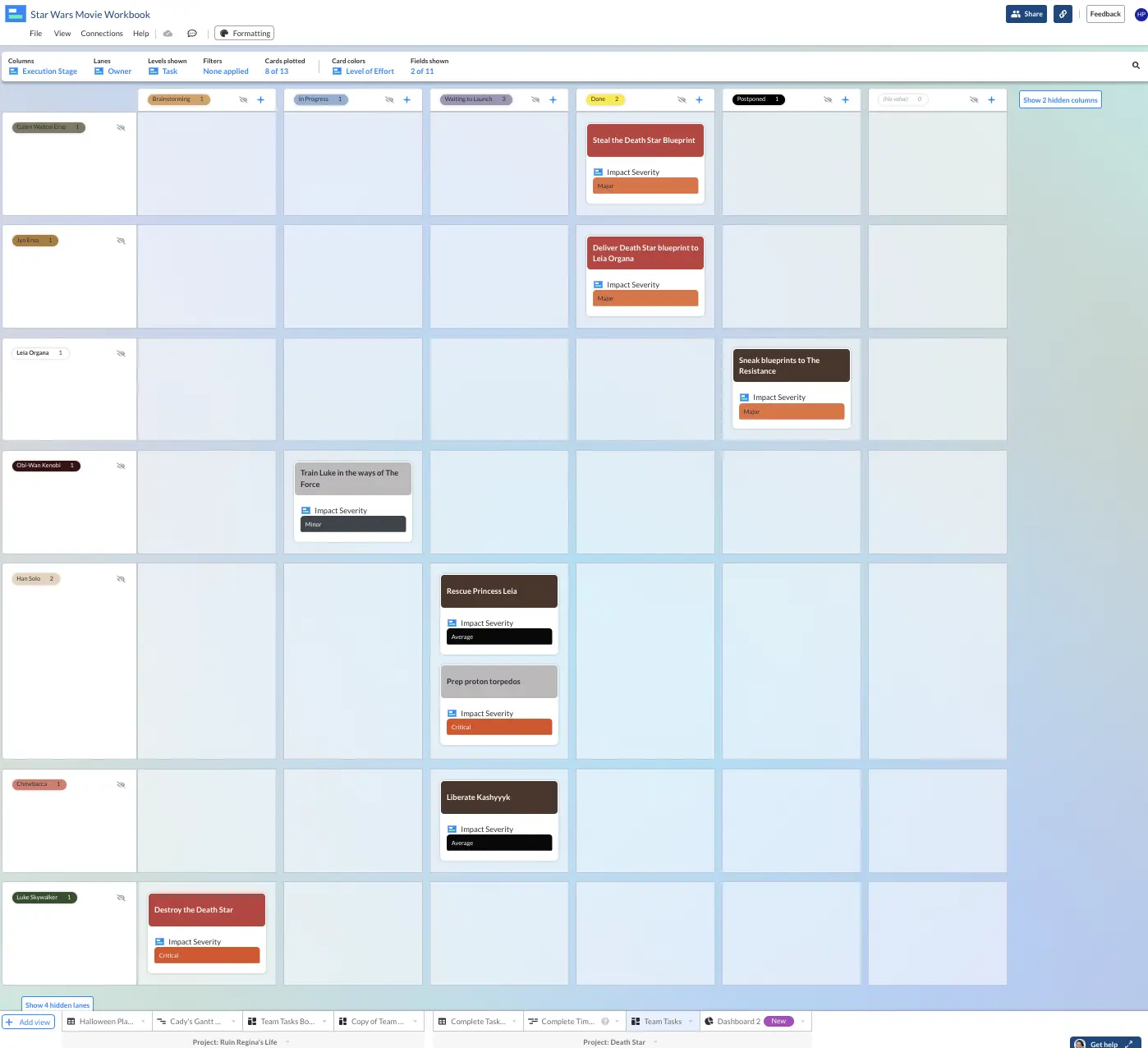 A Kanban board showing "tasks" from the Star Wars series as cards