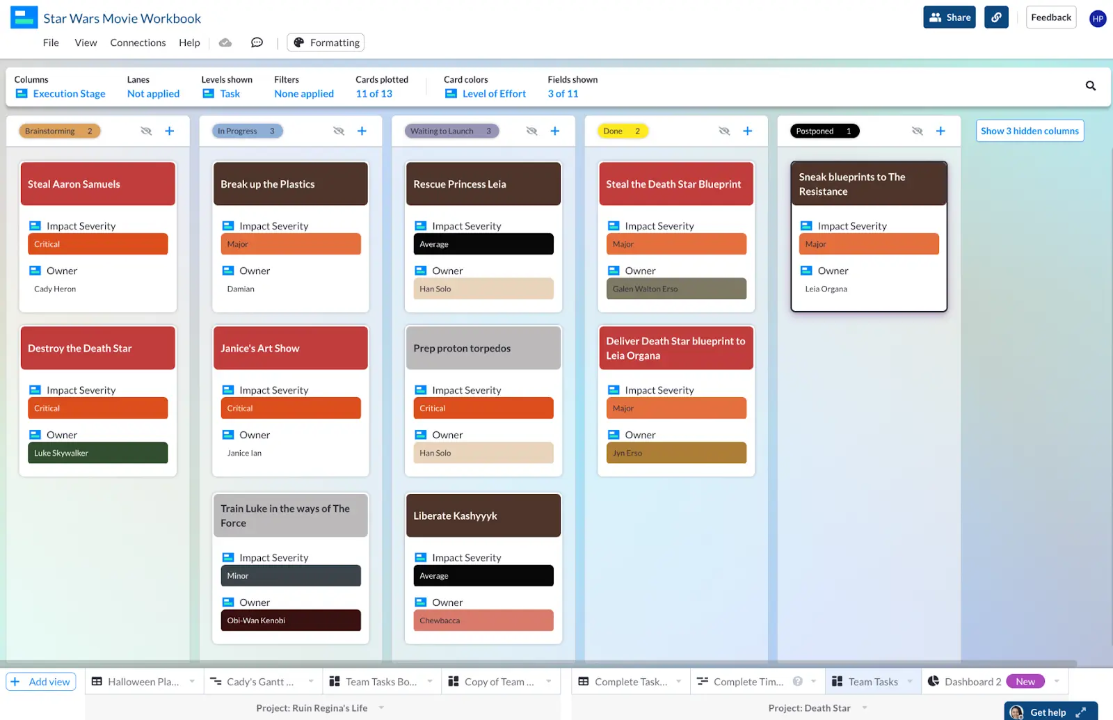 A Kanban board showing "tasks" from the Star Wars series as cards