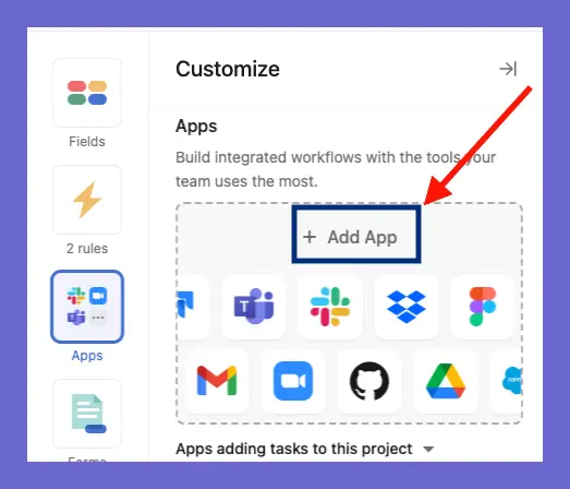 step 2 for asana jira cloud integration: choose "add app"