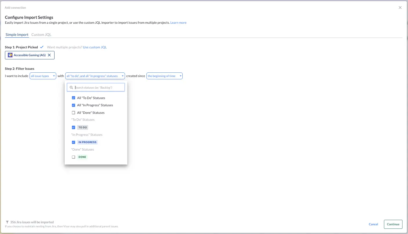 step 4 of jira salesforce integration in visor: The Jira issue field selector screen in Visor