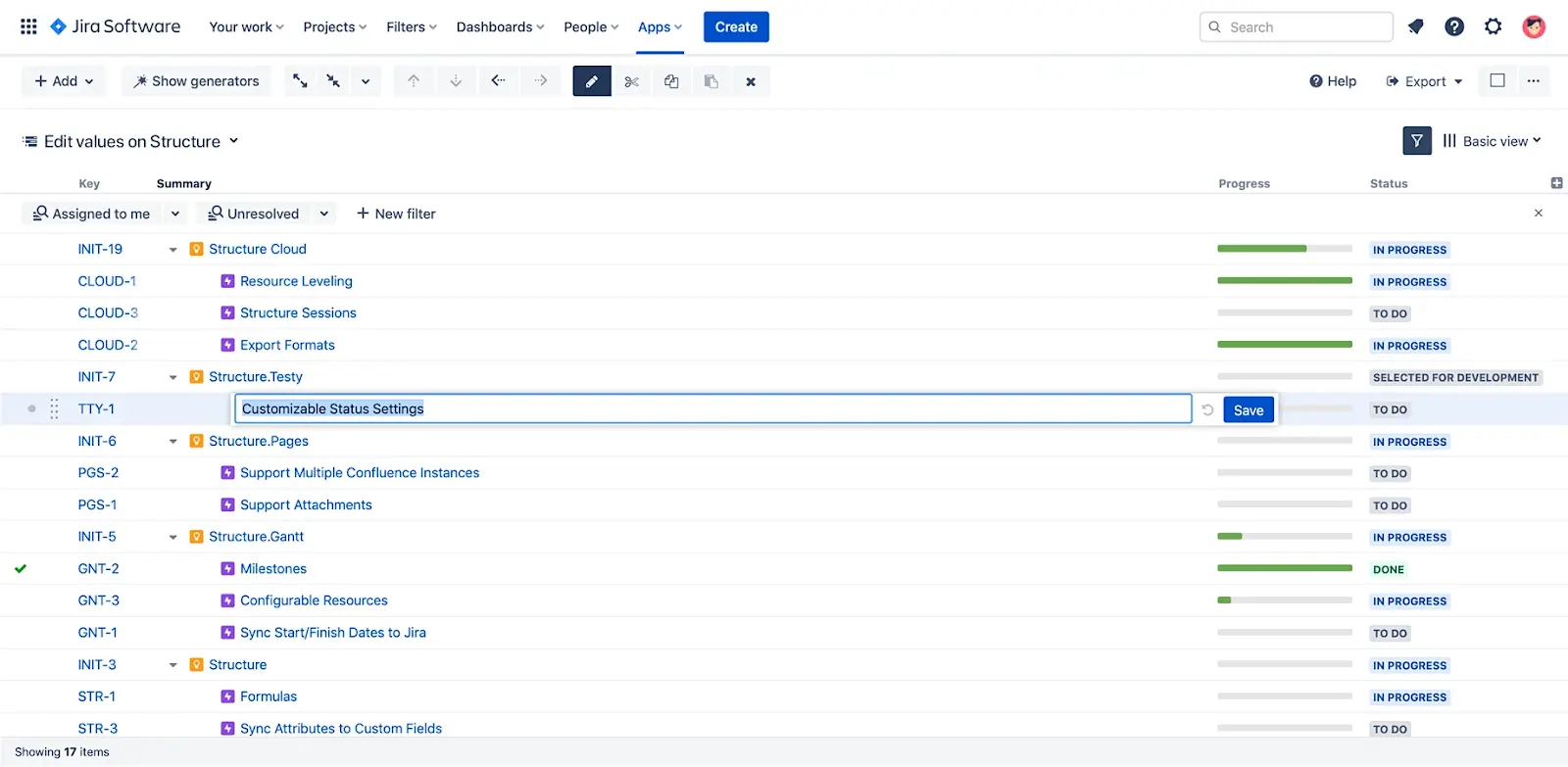 a screenshot of structure by tempo gantt