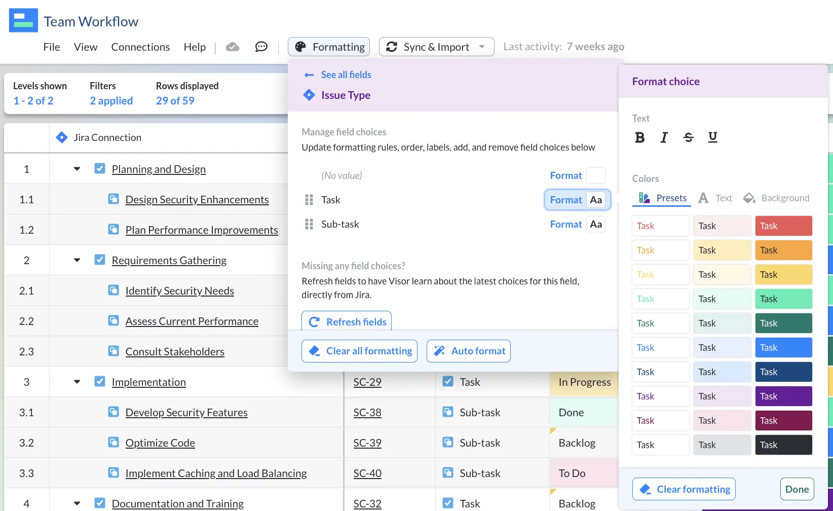 color choices for formatting a jira integrated table in visor