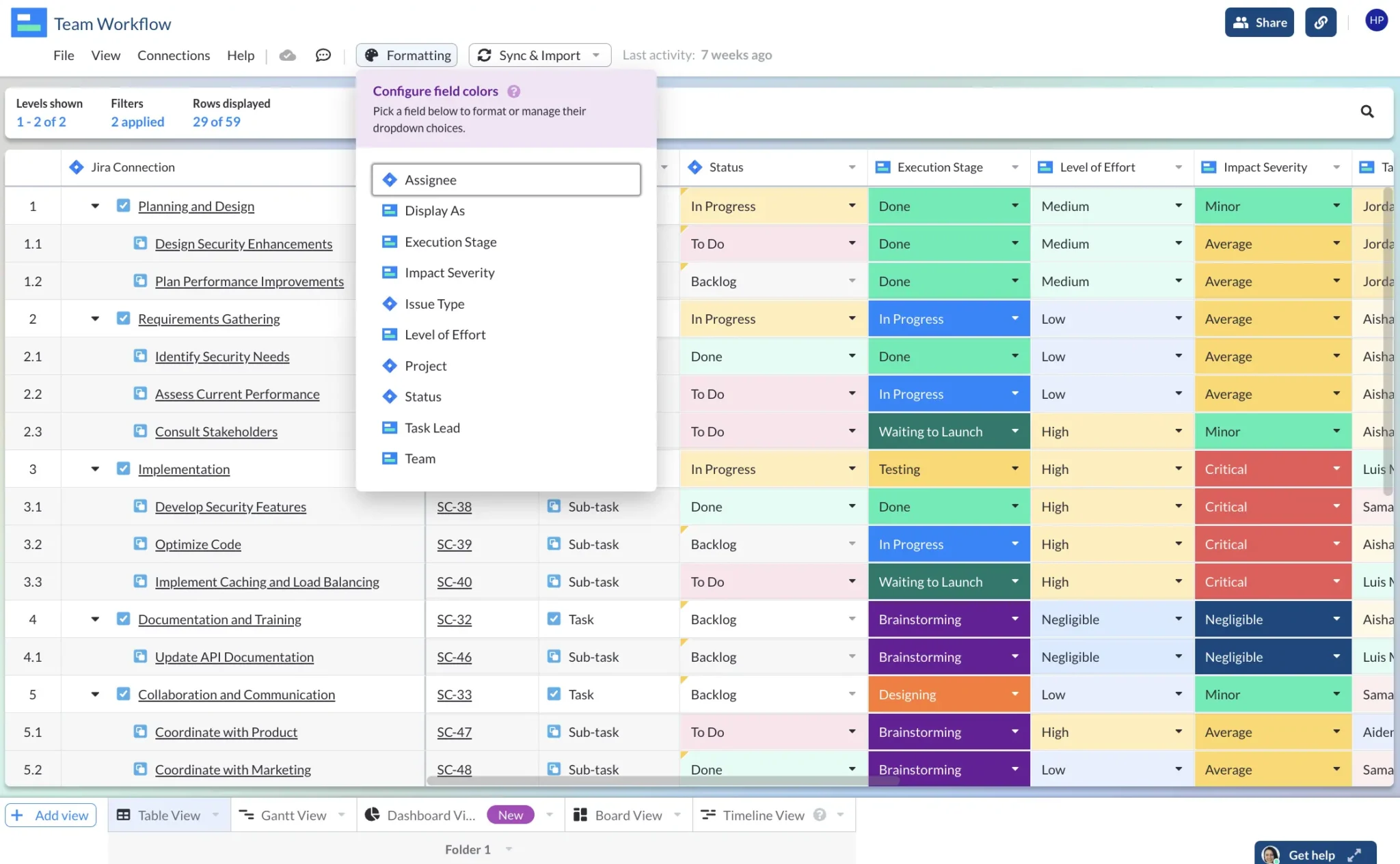 formatting choices for jira integrated table in visor