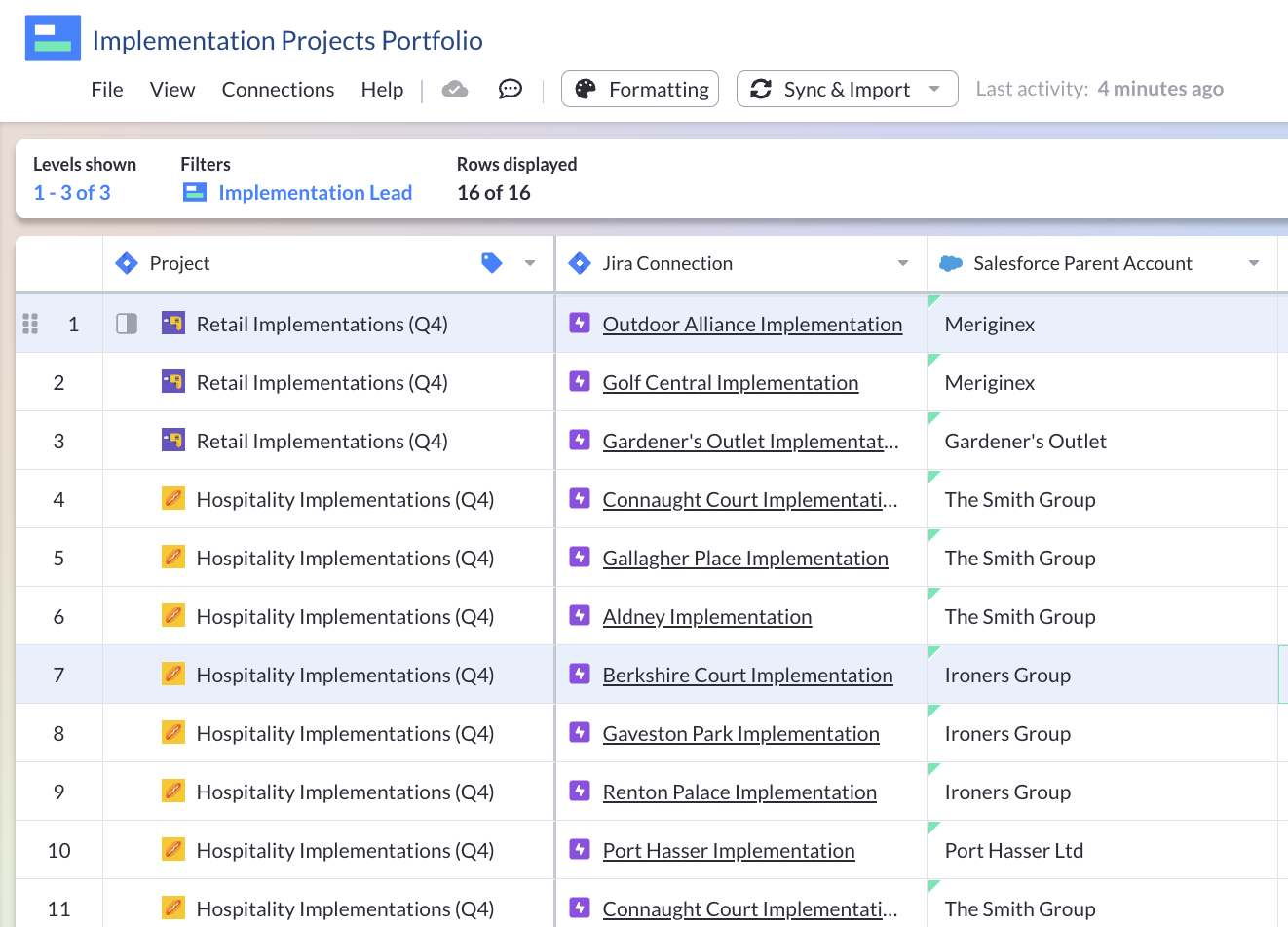 Example of a Visor table view, showing implementation projects using Jira and Salesforce data