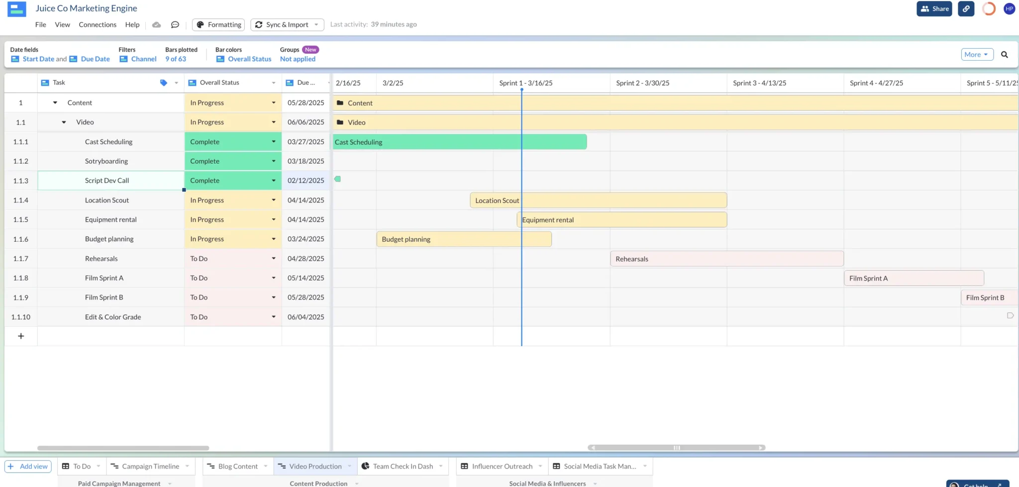 managing video content production schedules with a gantt