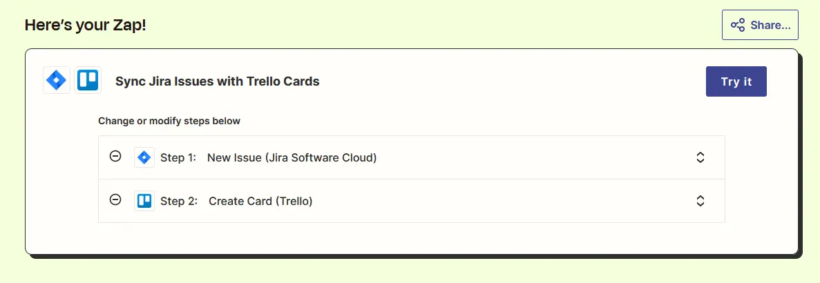 a zap to sync jira and trello