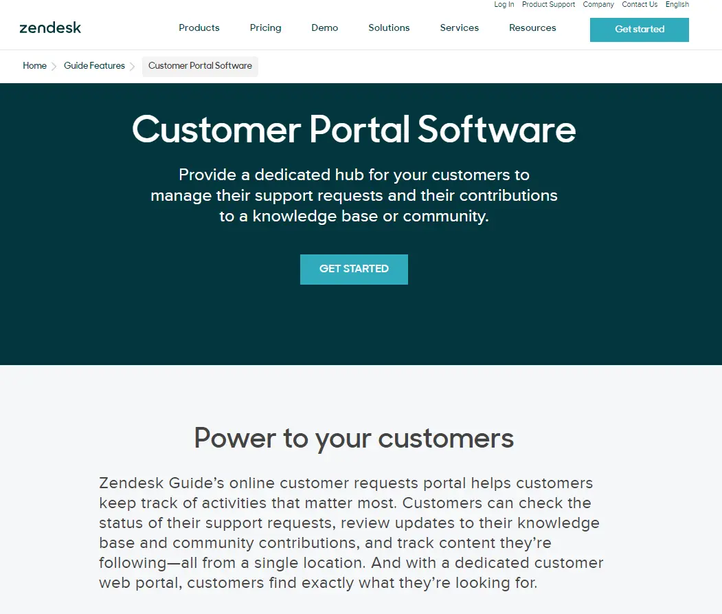 Screenshot of Zendesk Customer Portal Software page