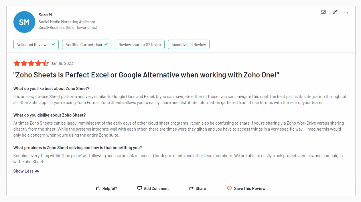 A review of Zoho Sheets at 4.5 out of 5 stars, specifically citing it as a great alternative to Google Sheets